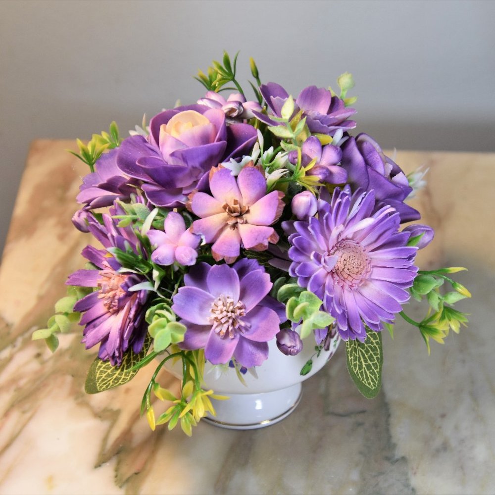 Pretty vintage pedestal sherbet bowl filled with hand painted Sola wood flowers